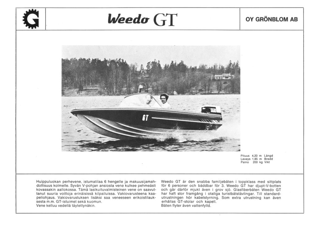 Vahvat nousulistat pohjassa erottivat syvän V-pohjan kanssa Weedo GT:n esikuvistaan. Kisahenkiset tekijät osasivat parantaa niiden runkoja ja hyödyntää veneiden hyviä ominaisuuksia.
